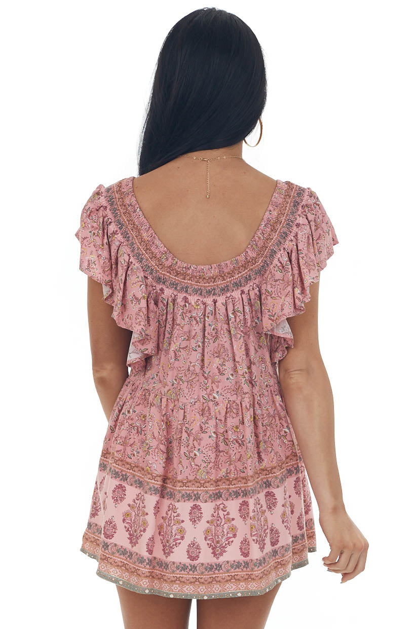 Coral Floral Drop Waist Smocked Neck Blouse