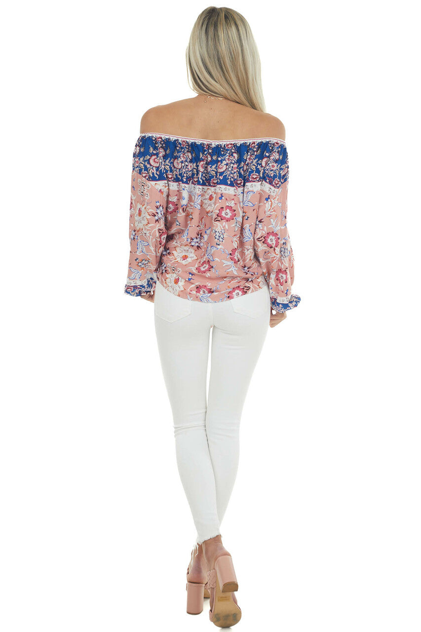 Coral Floral Print Long Bubble Sleeve Off Shoulder Woven Top