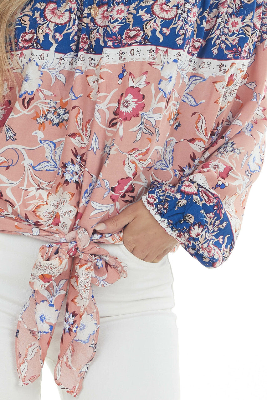 Coral Floral Print Long Bubble Sleeve Off Shoulder Woven Top