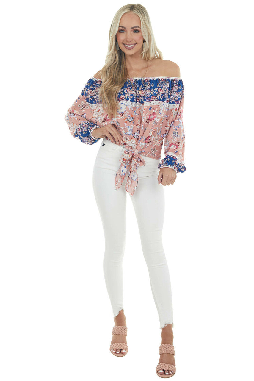 Coral Floral Print Long Bubble Sleeve Off Shoulder Woven Top
