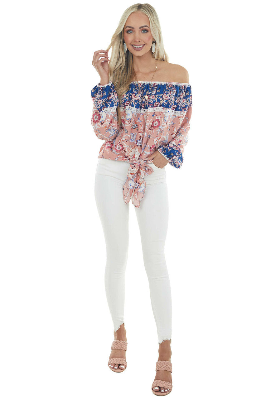 Coral Floral Print Long Bubble Sleeve Off Shoulder Woven Top