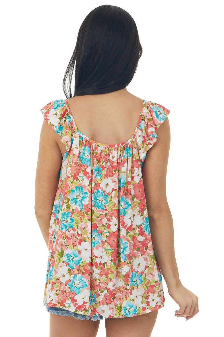 Coral Floral Print Ruffle Short Sleeve Woven Top