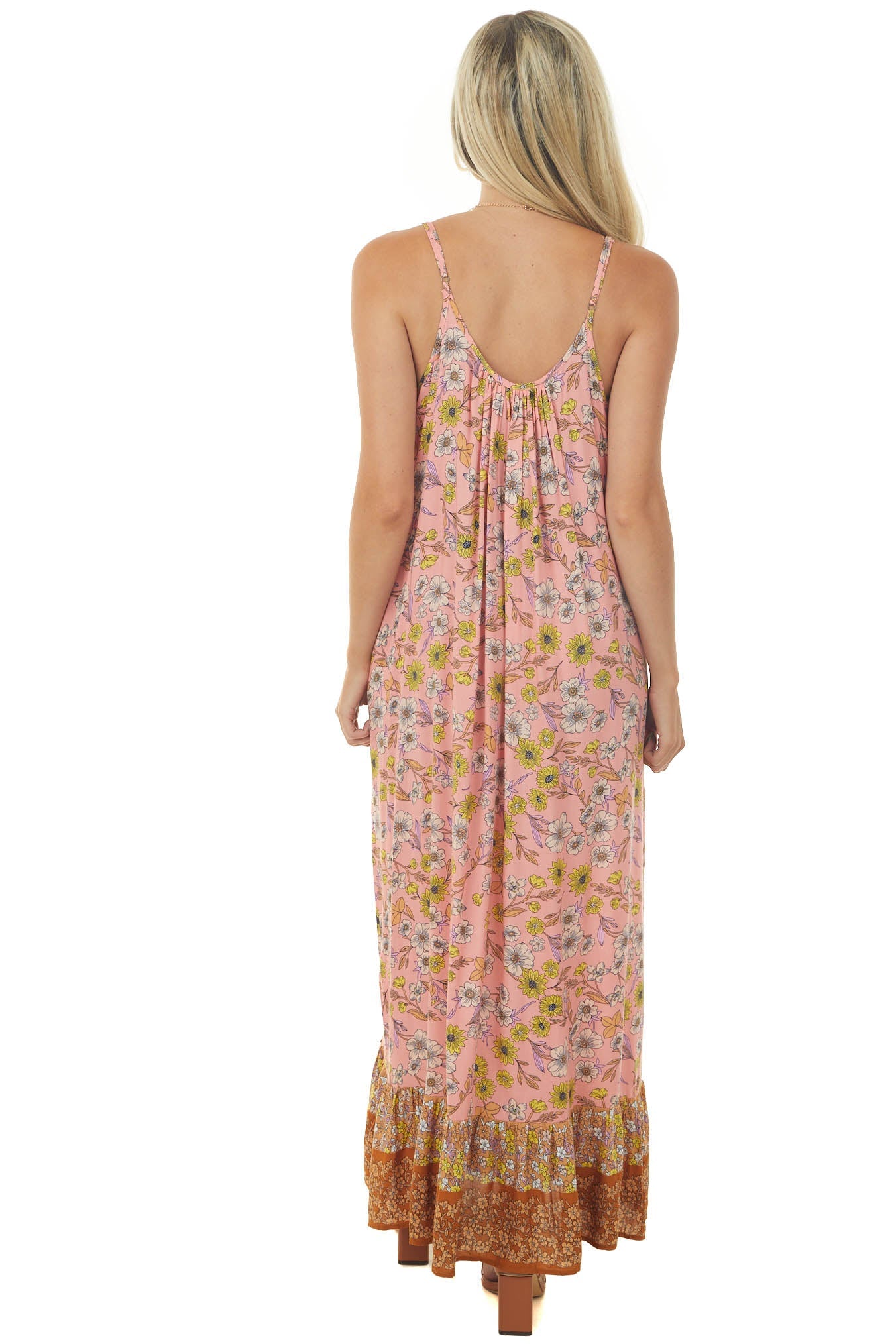 Coral Floral Print Sleeveless Maxi Dress