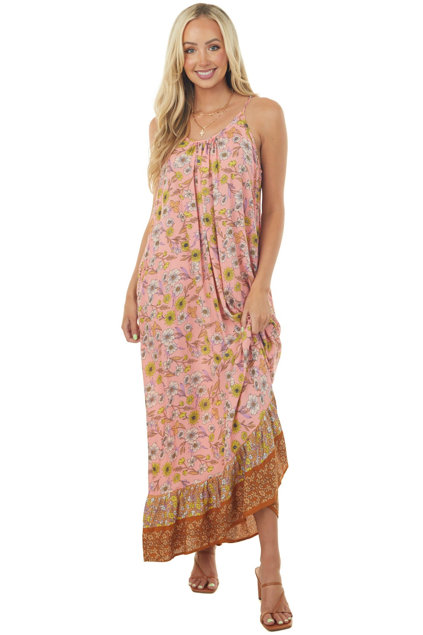 Coral Floral Print Sleeveless Maxi Dress