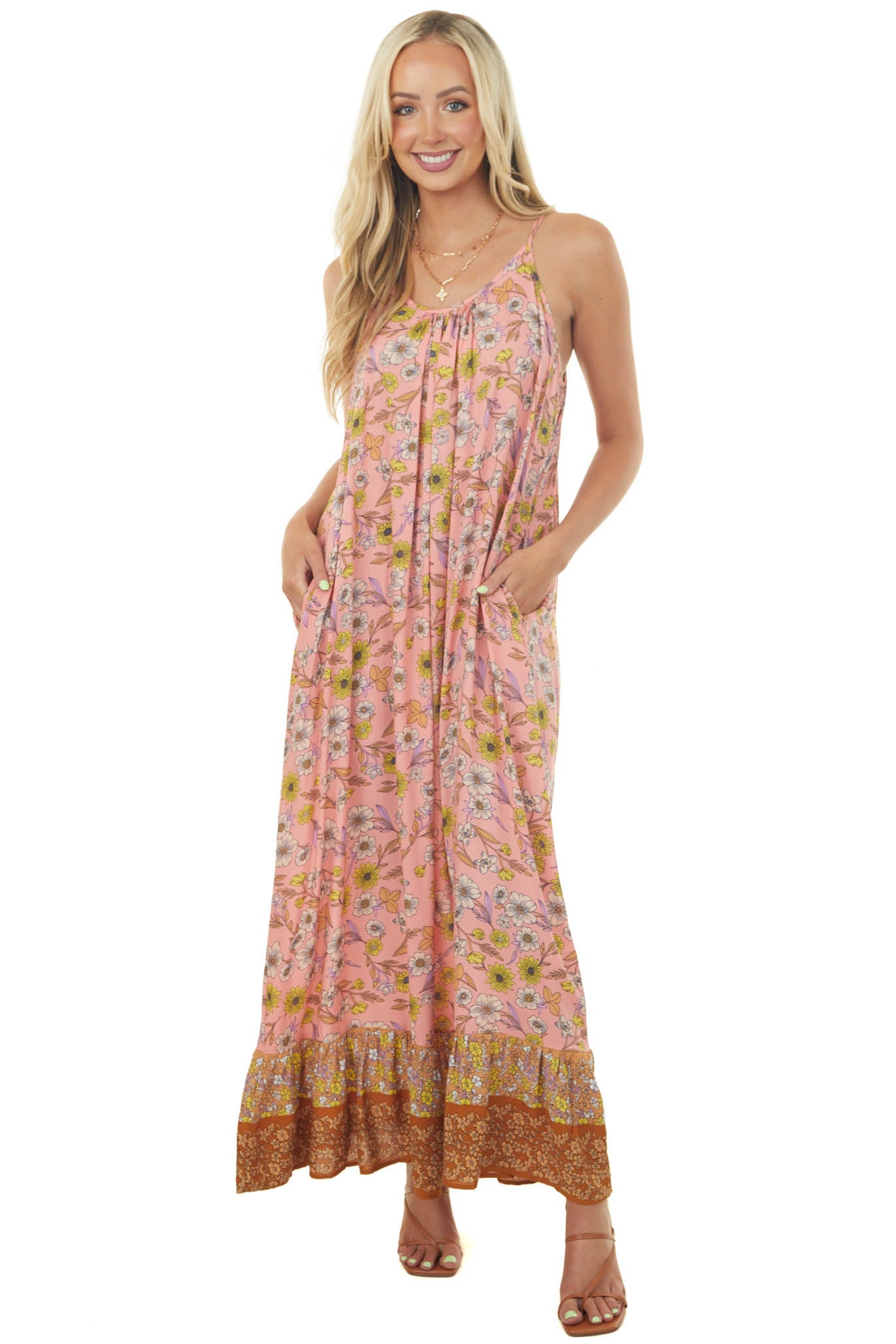 Coral Floral Print Sleeveless Maxi Dress