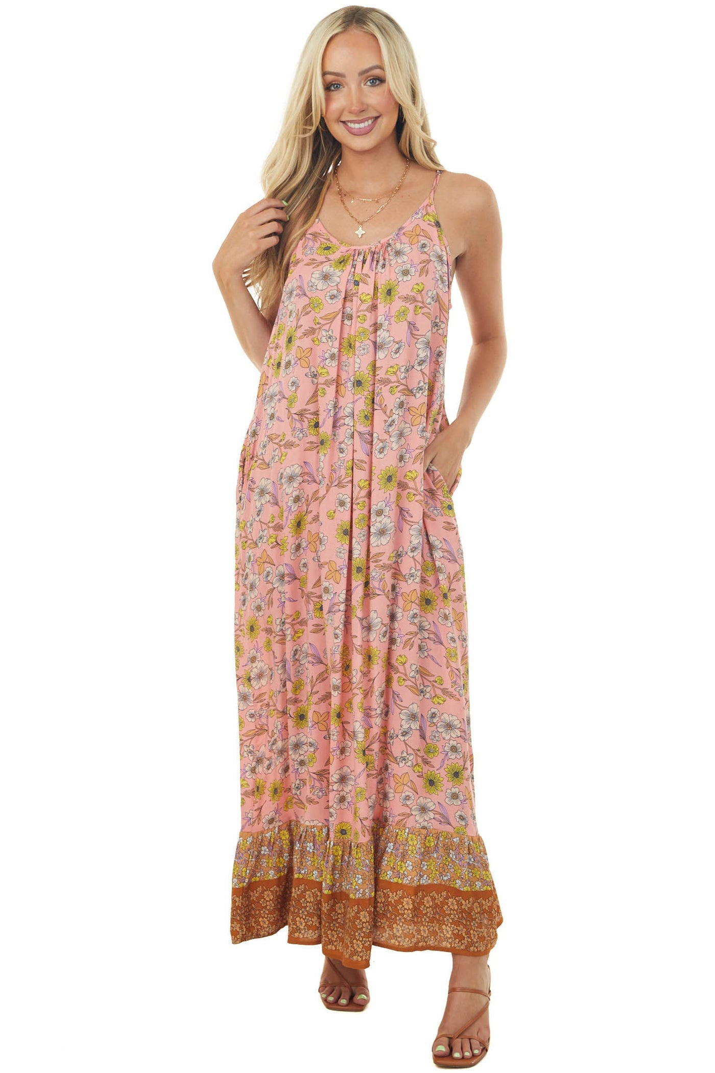 Coral Floral Print Sleeveless Maxi Dress
