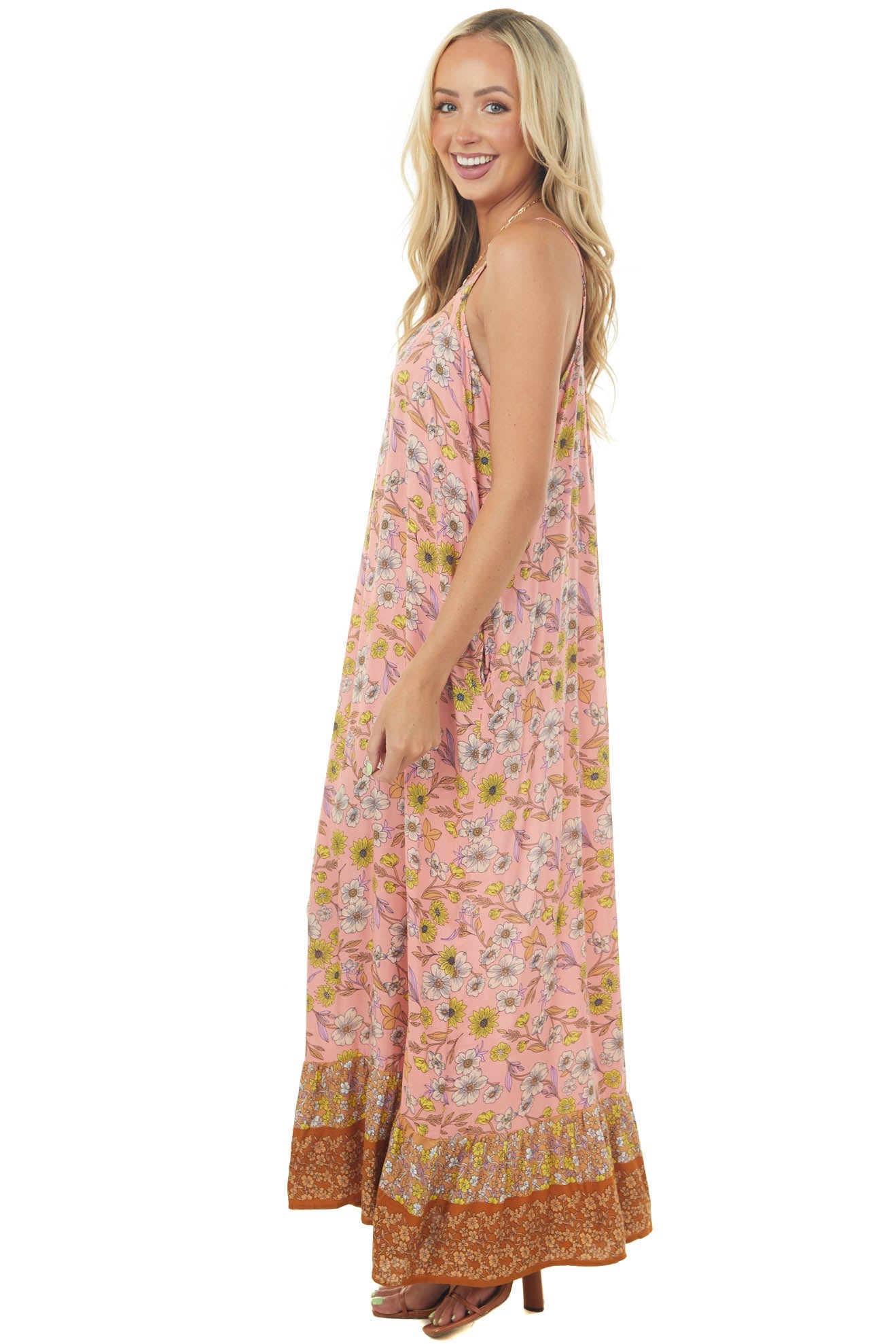 Coral Floral Print Sleeveless Maxi Dress