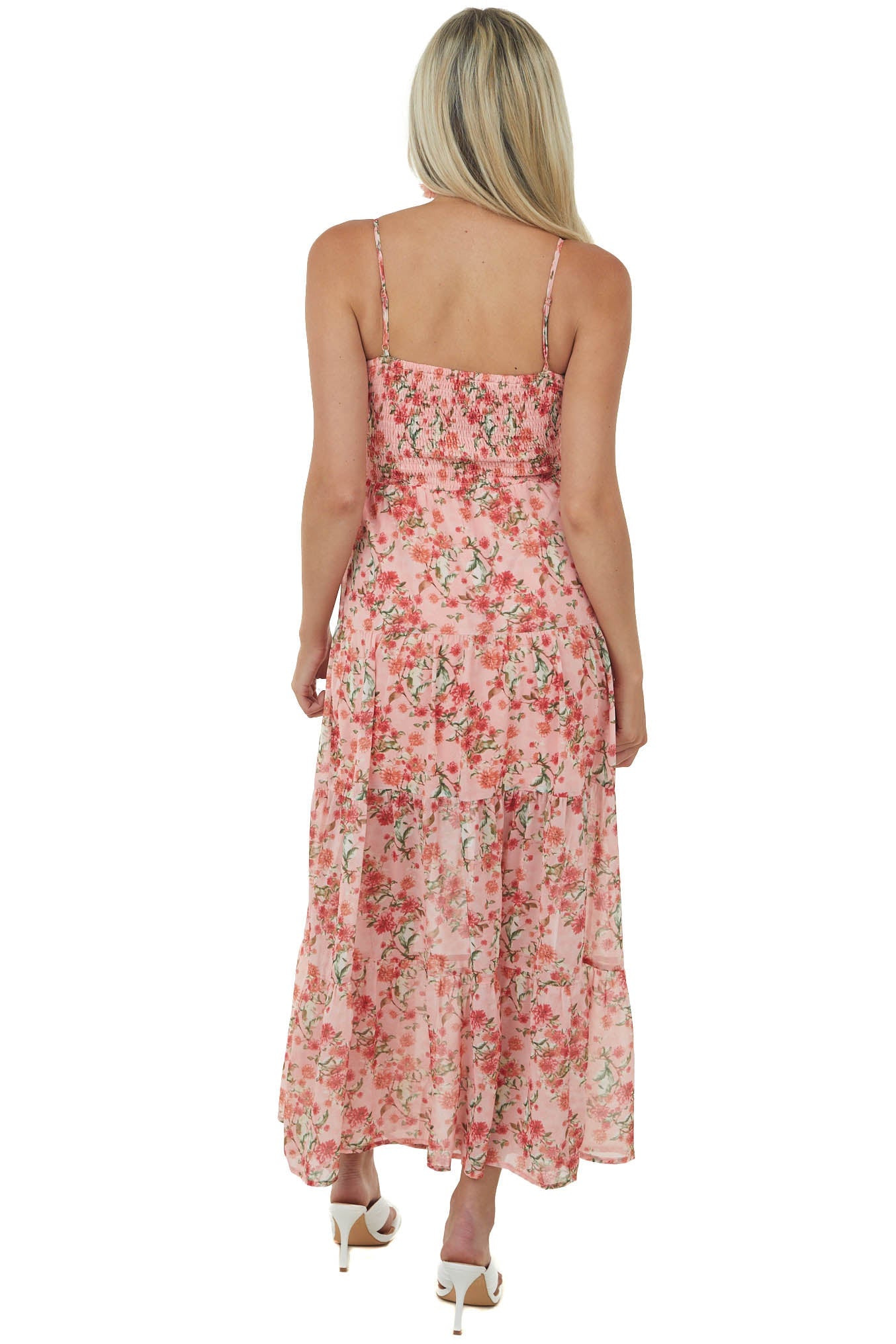 Coral Floral Print Sweetheart Neck Maxi Dress