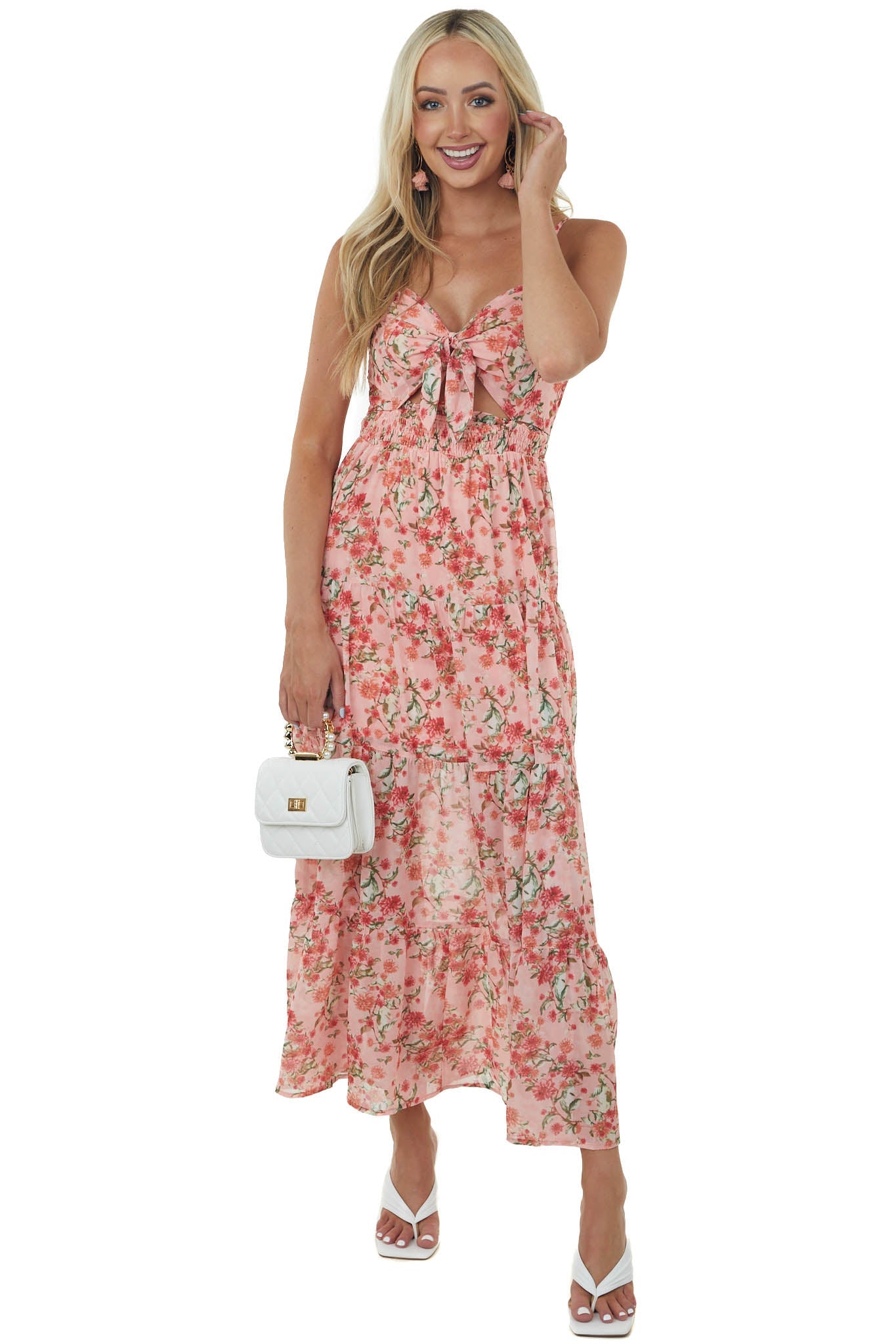 Coral Floral Print Sweetheart Neck Maxi Dress