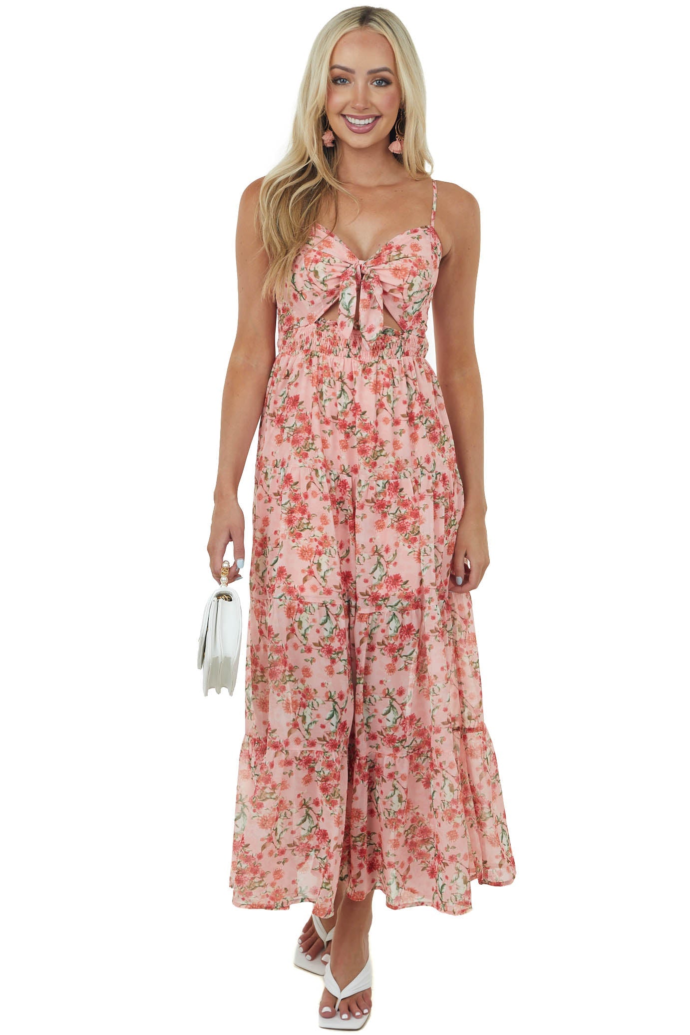 Coral Floral Print Sweetheart Neck Maxi Dress