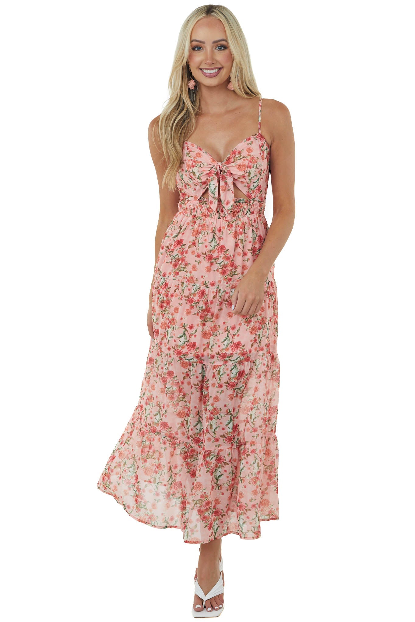 Coral Floral Print Sweetheart Neck Maxi Dress