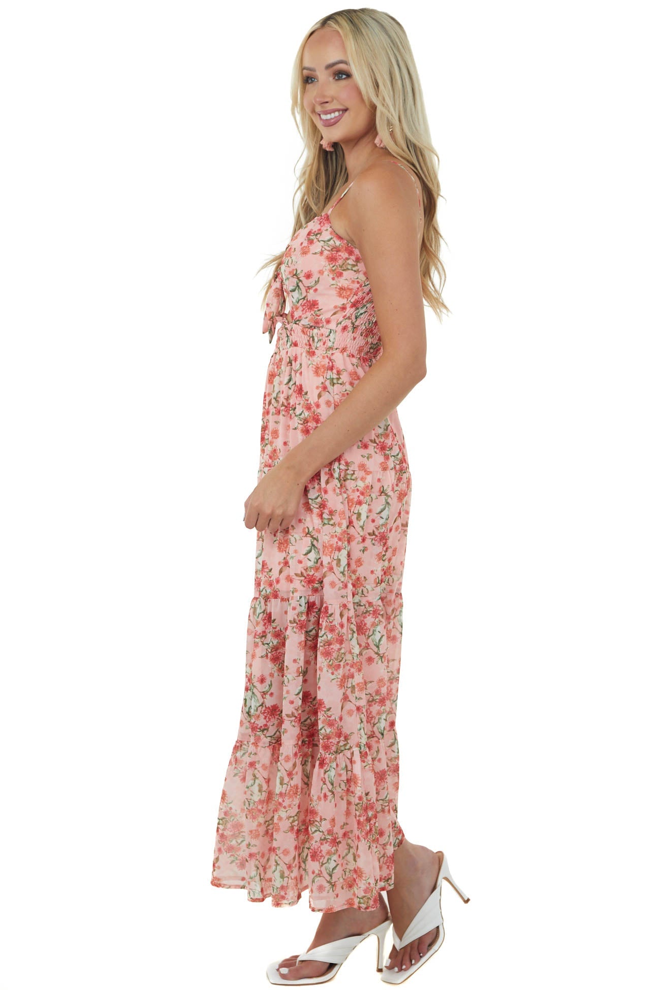 Coral Floral Print Sweetheart Neck Maxi Dress