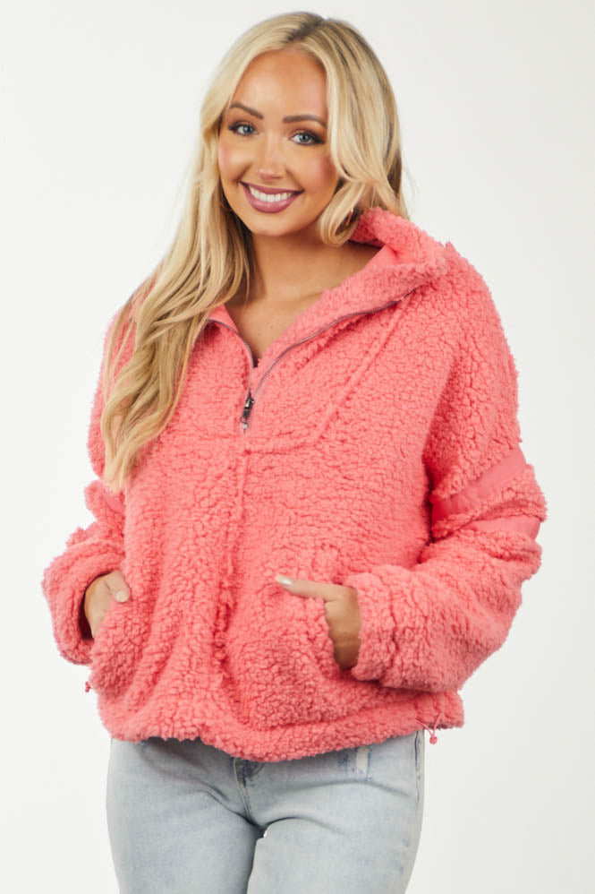 Coral Half Zip Woven Contrast Sherpa Pullover