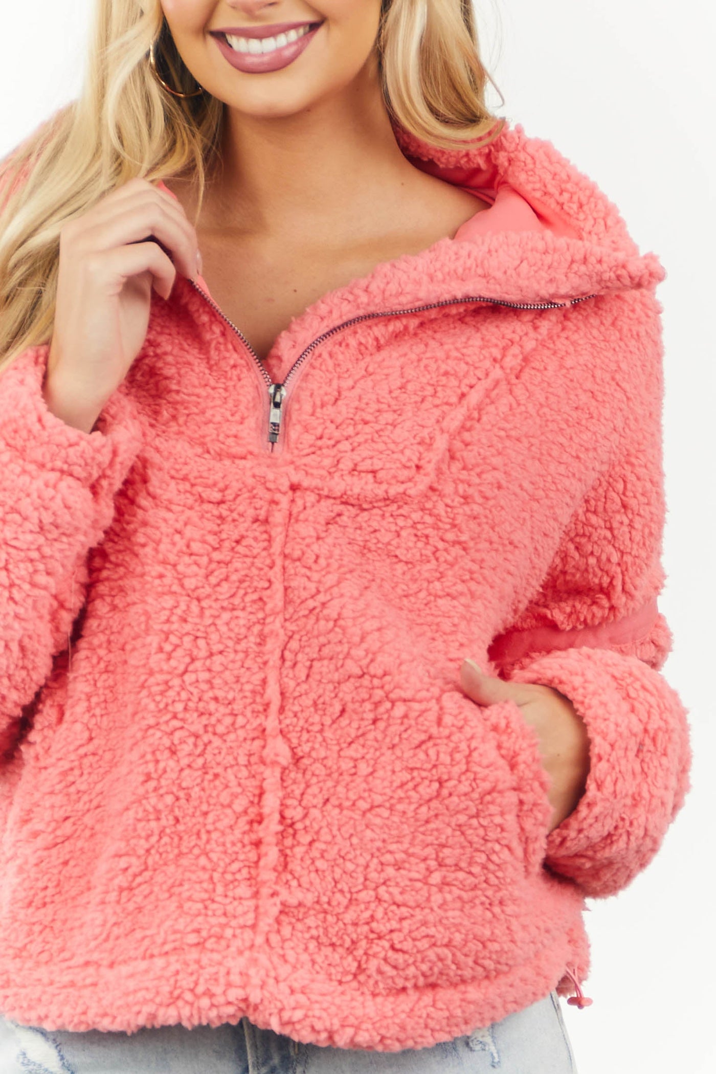 Coral Half Zip Woven Contrast Sherpa Pullover