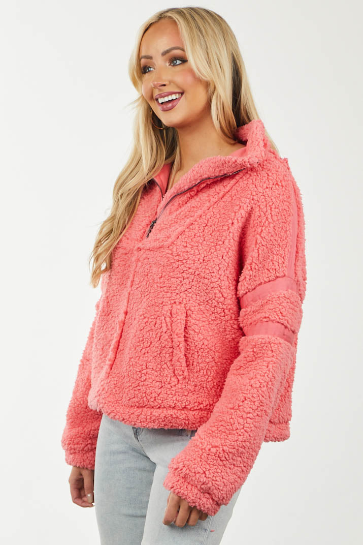 Coral Half Zip Woven Contrast Sherpa Pullover