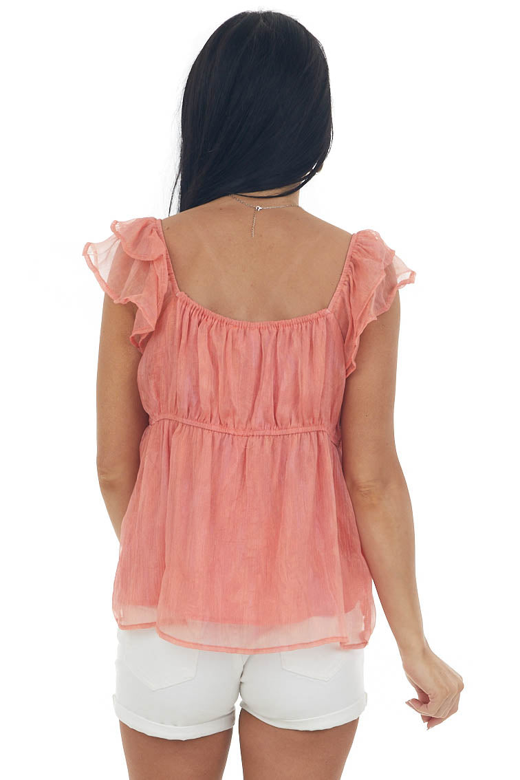 Coral Iridescent Babydoll Blouse with Flutter Sleeves