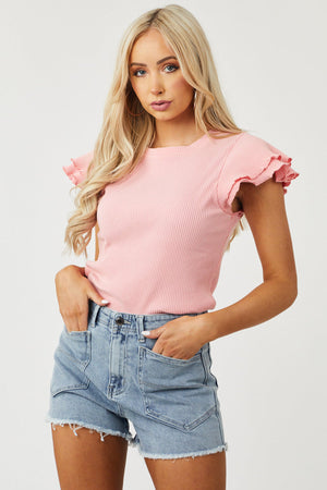 Coral Layered Ruffle Sleeve Ribbed Top