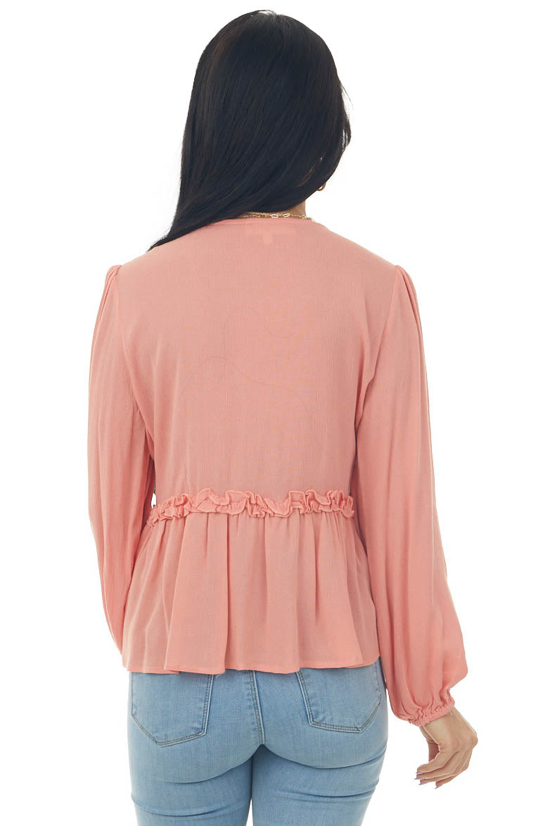 Coral Long Puff Sleeve Babydoll Top with Ruffle Detail