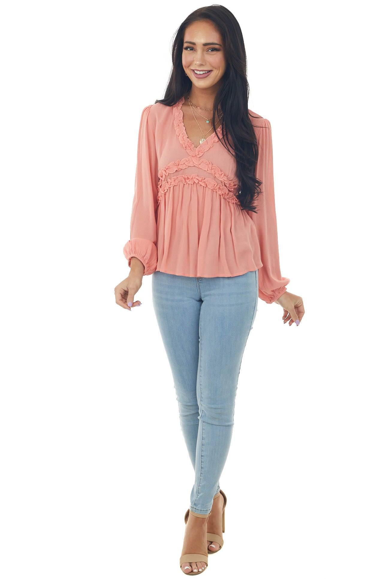 Coral Long Puff Sleeve Babydoll Top with Ruffle Detail