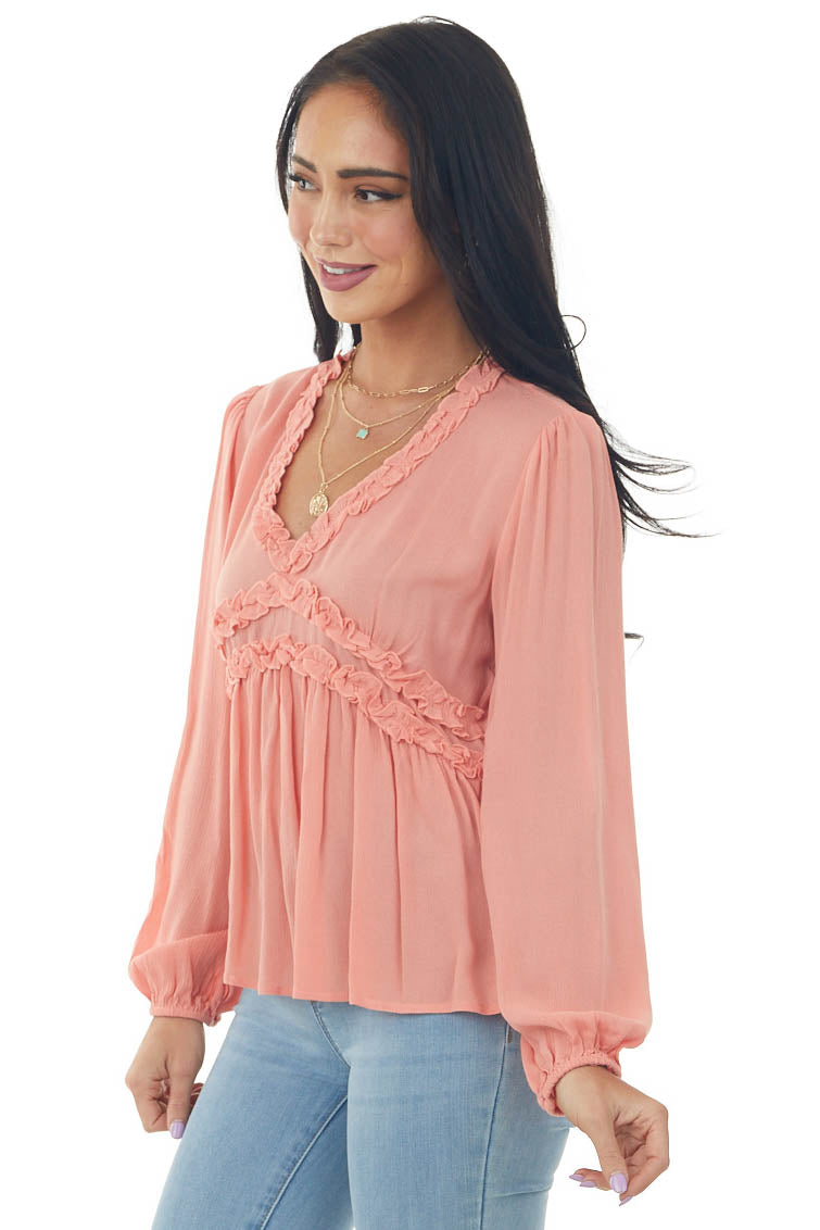 Coral Long Puff Sleeve Babydoll Top with Ruffle Detail