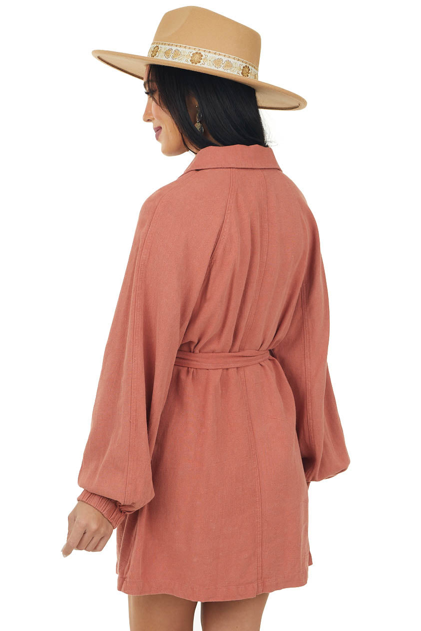 Coral Long Sleeve Button Up Collared Shirt Dress