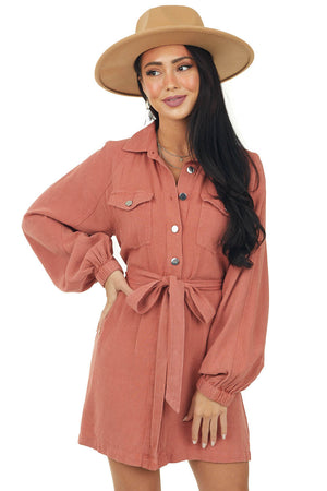 Coral Long Sleeve Button Up Collared Shirt Dress
