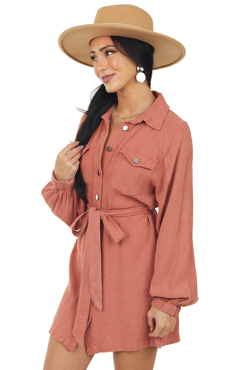 Coral Long Sleeve Button Up Collared Shirt Dress