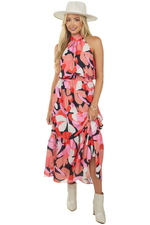 Coral Multicolor Abstract Halter Neck Maxi Dress