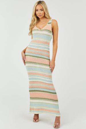 Coral Multicolor Striped Crochet Knit Maxi Dress