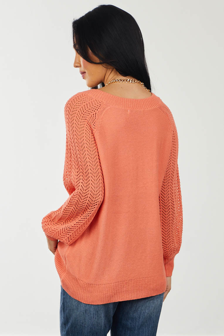 Coral Open Crochet Sleeve V Neck Sweater