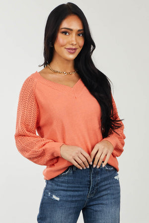 Coral Open Crochet Sleeve V Neck Sweater