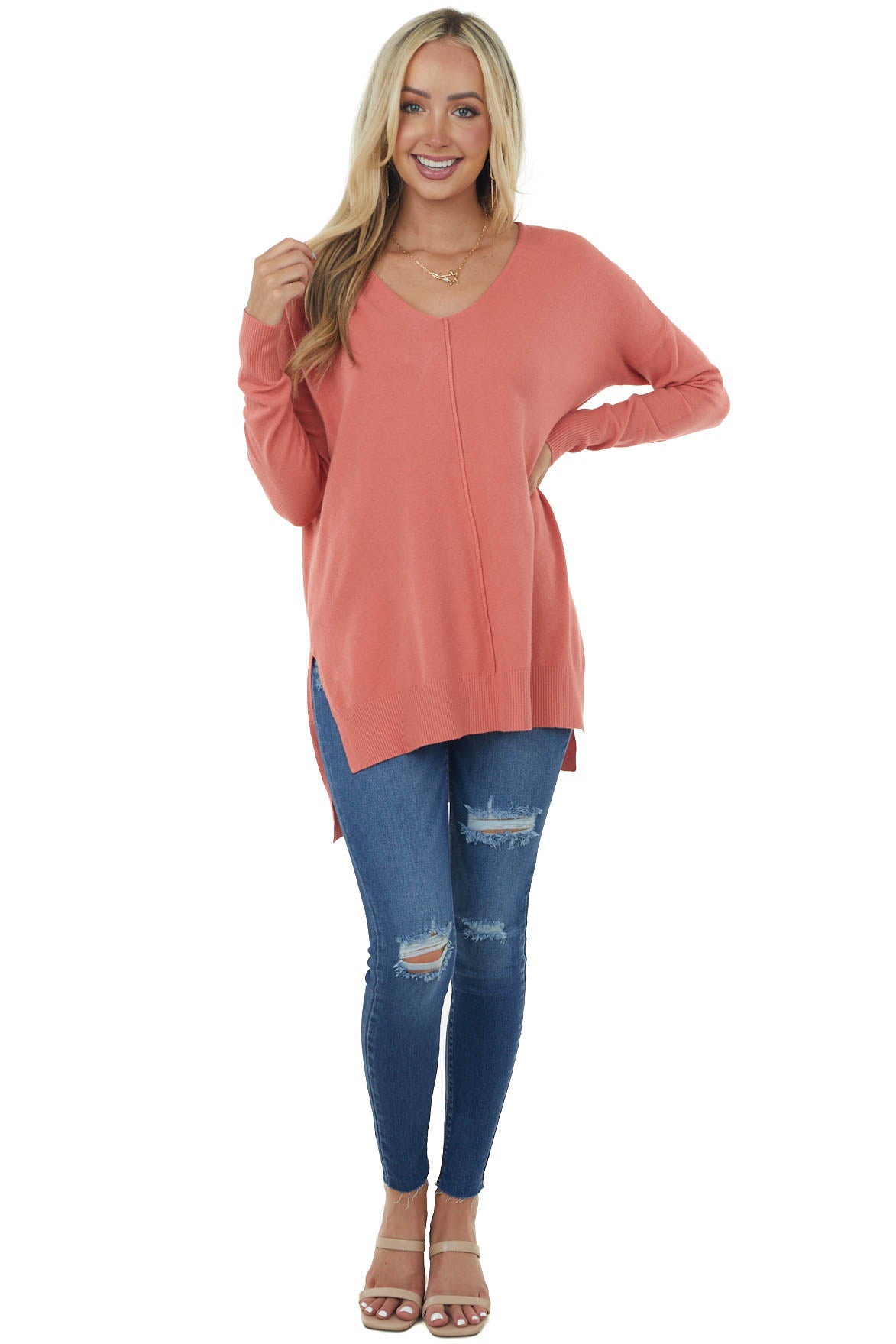 Coral Oversized High Low Hem Knit Tunic Top