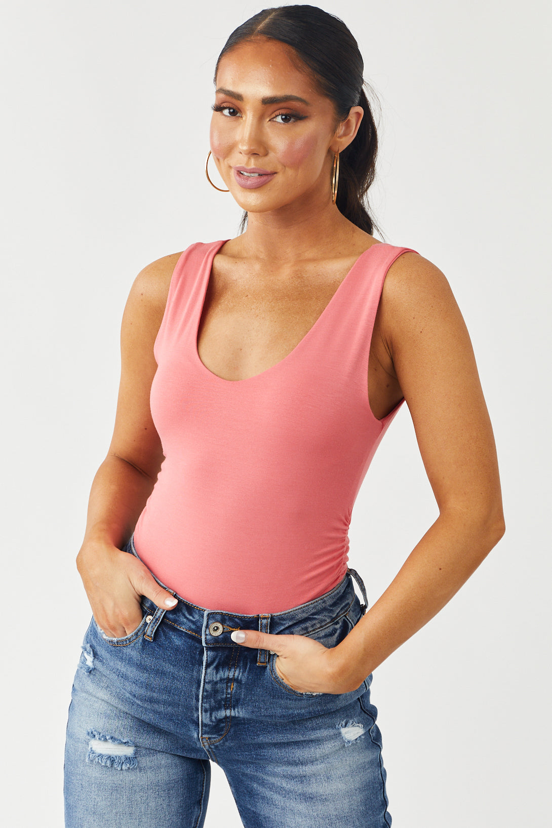 Coral Ruched Side Double Layered Tank Top