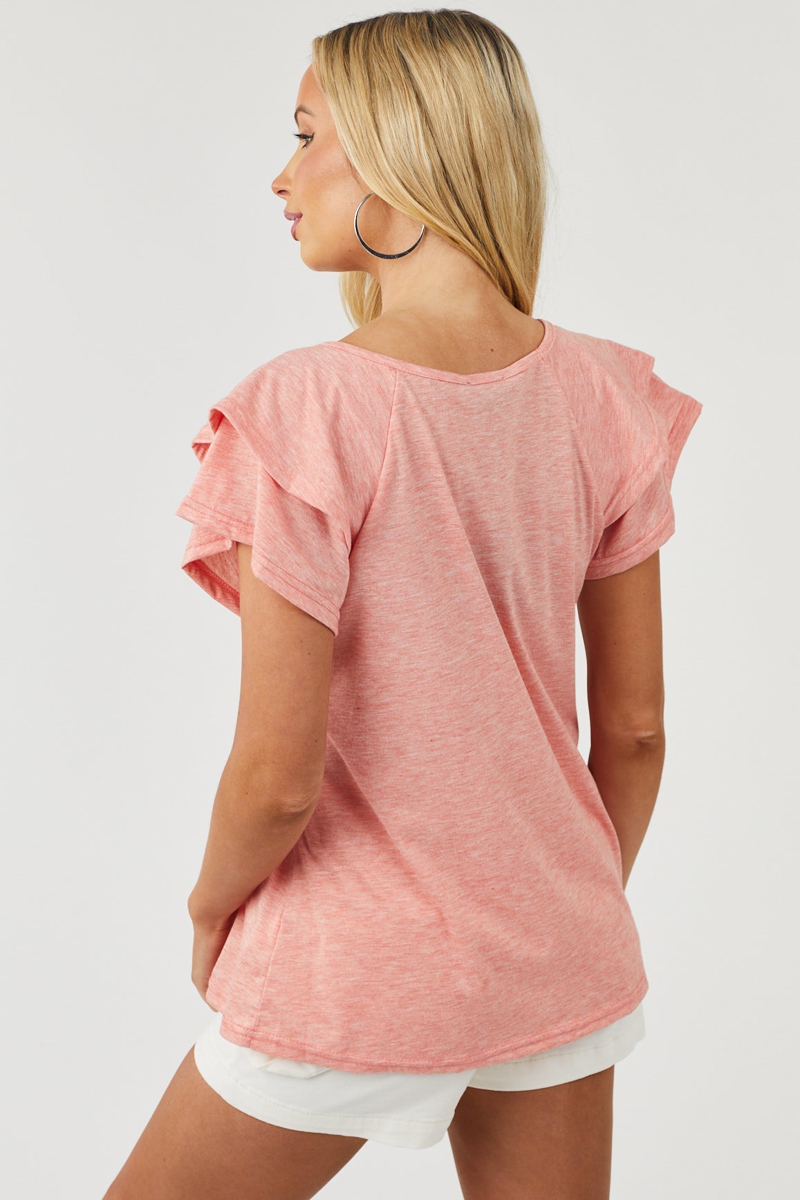 Coral Short Tiered Ruffle Sleeve V Neck Knit Top