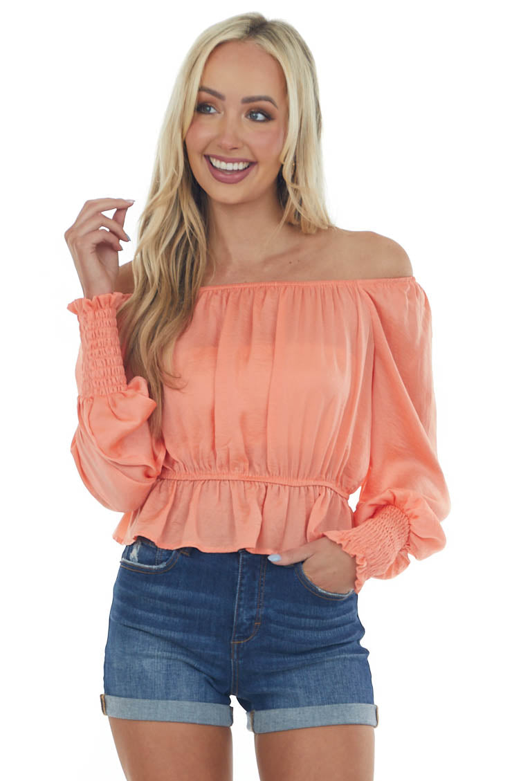 Coral Silky Smocked Cuff Peplum Blouse