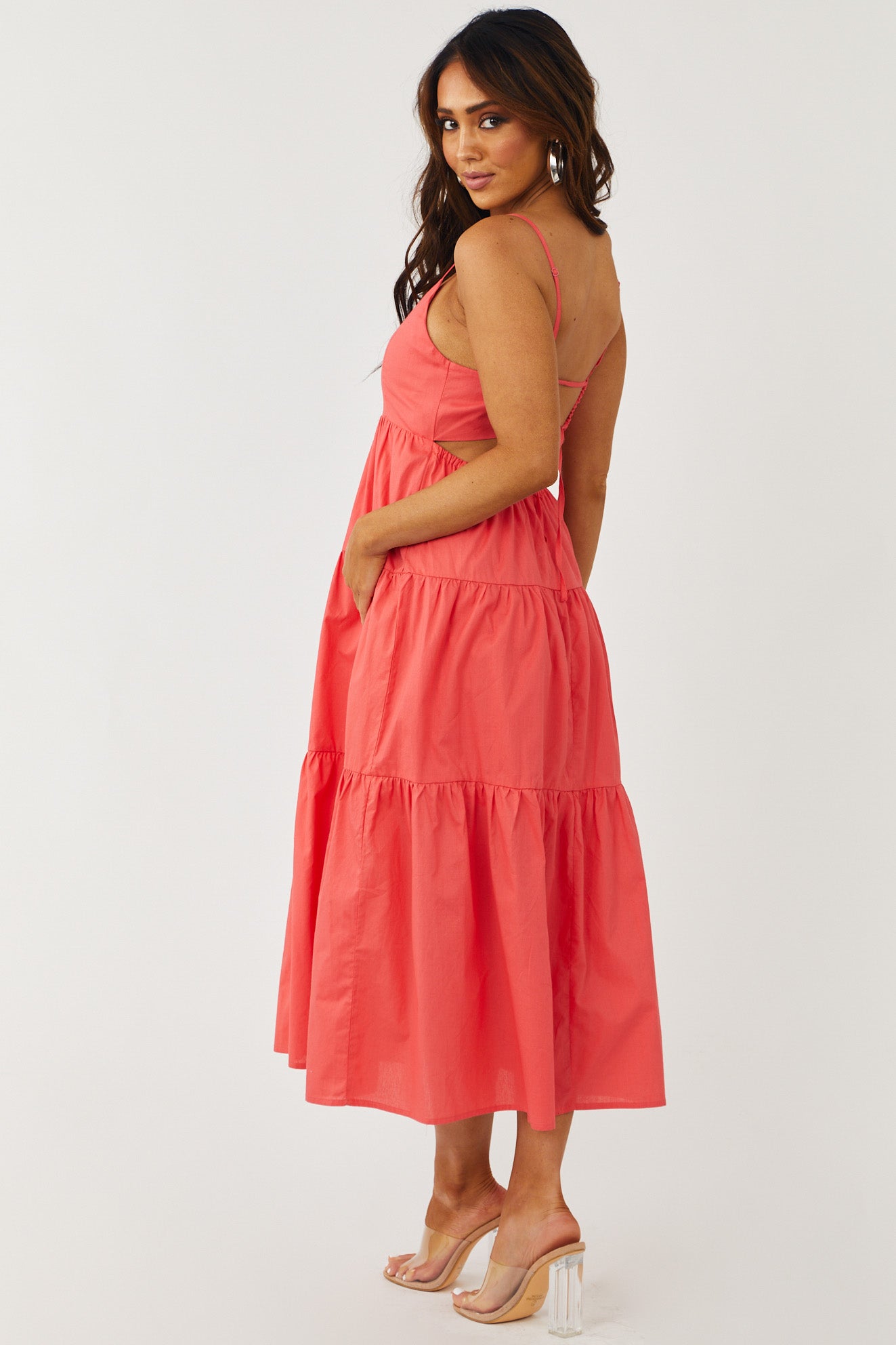 Coral Sleeveless V Neck Tiered Woven Midi Dress