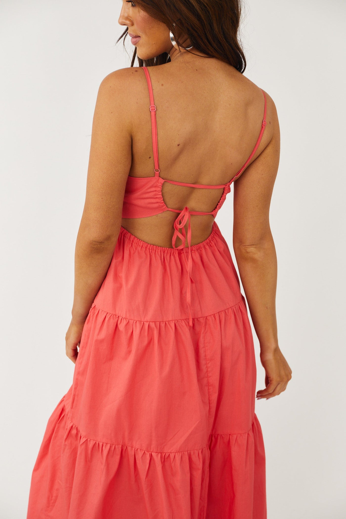Coral Sleeveless V Neck Tiered Woven Midi Dress
