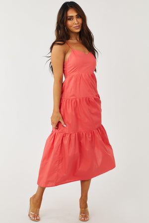 Coral Sleeveless V Neck Tiered Woven Midi Dress