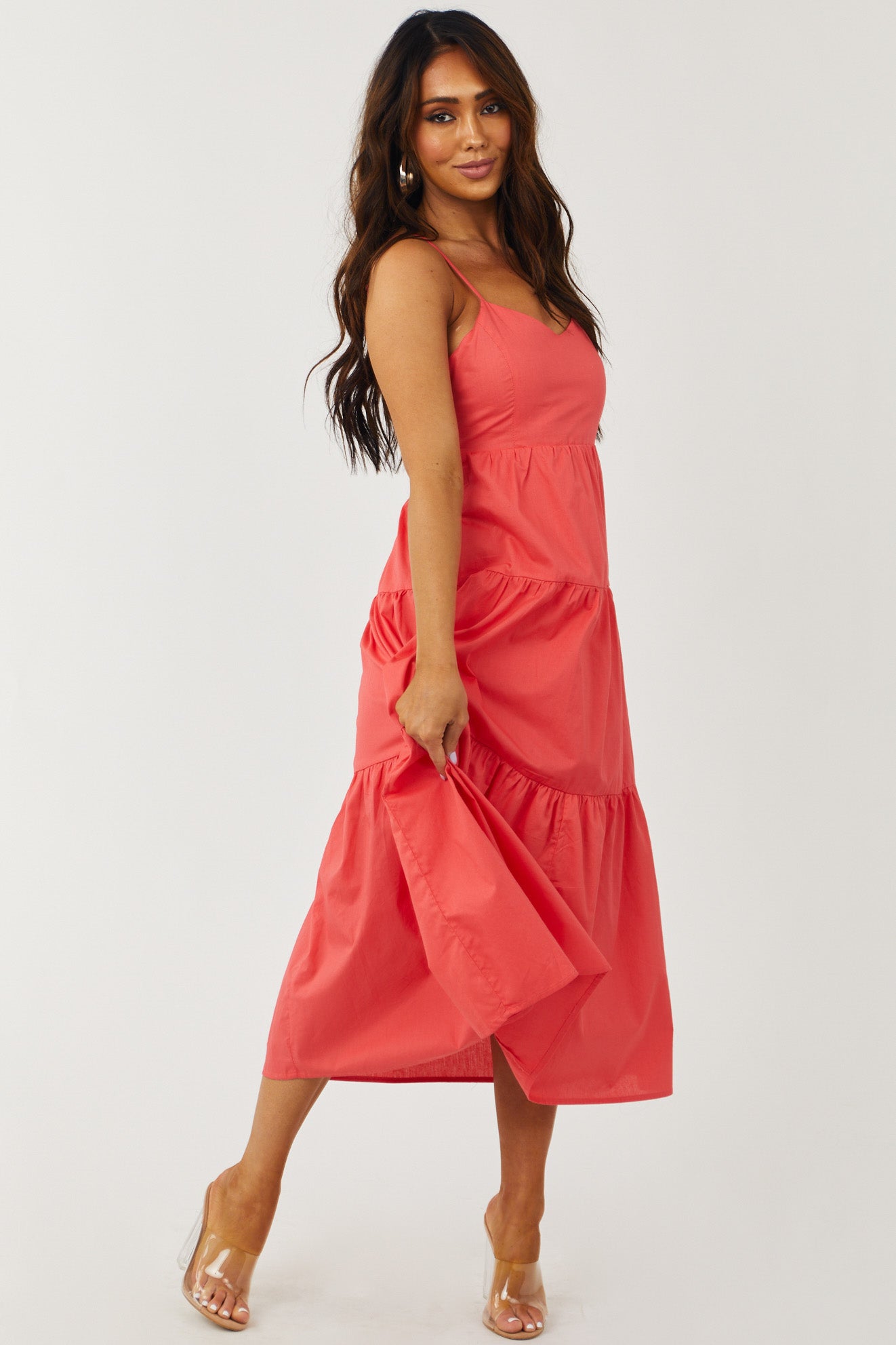 Coral Sleeveless V Neck Tiered Woven Midi Dress