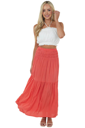 Coral Smocked Waist Tiered Woven Maxi Skirt
