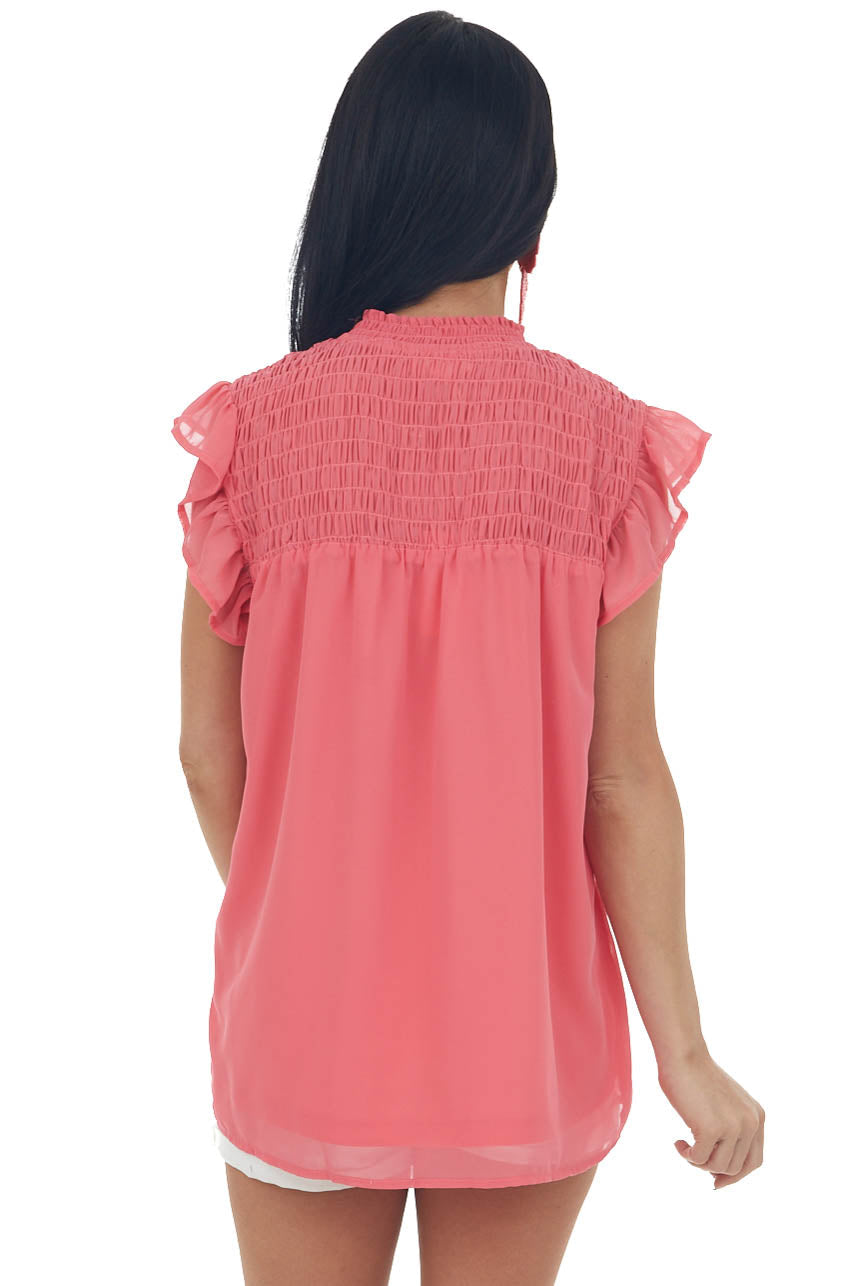 Coral Smocked Yoke Ruffle Cap Sleeve Blouse