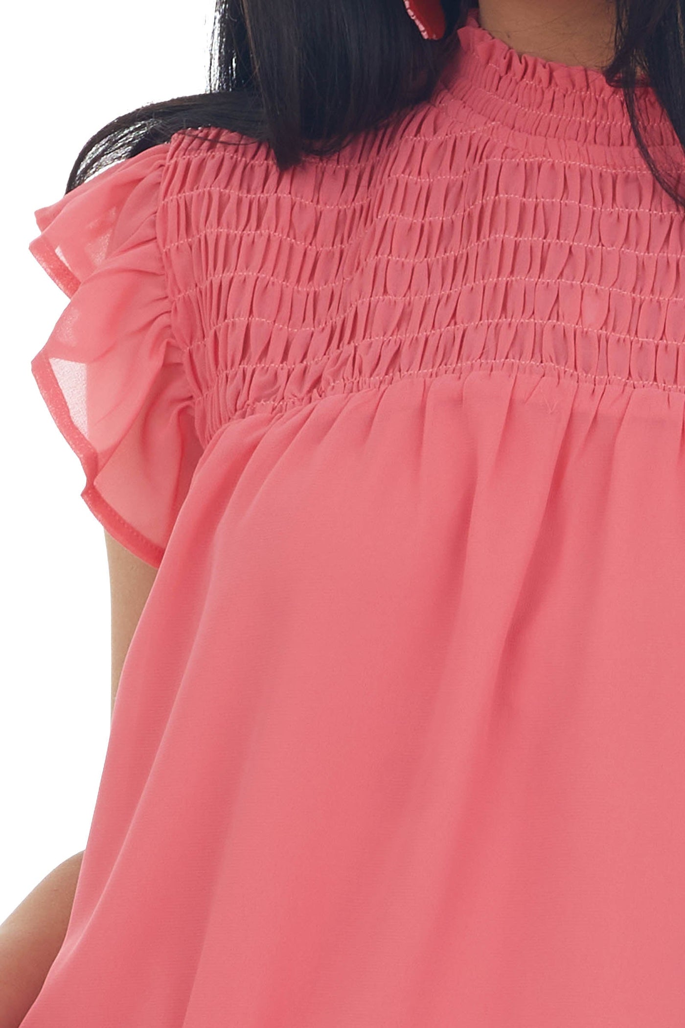 Coral Smocked Yoke Ruffle Cap Sleeve Blouse
