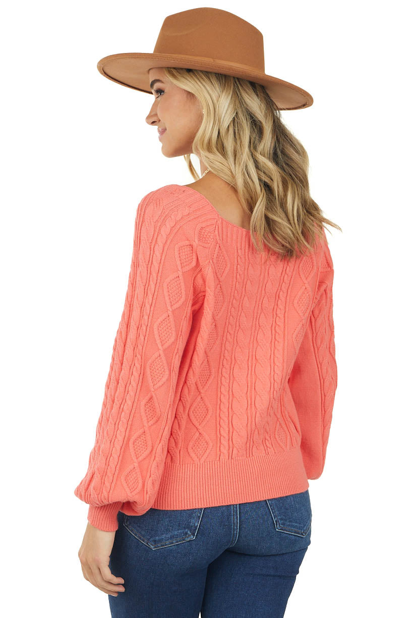 Coral Square Neck Bubble Sleeve Sweater
