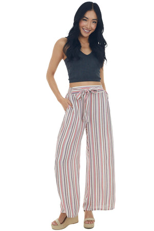 Coral Striped Pants with Smocked Waist Tie