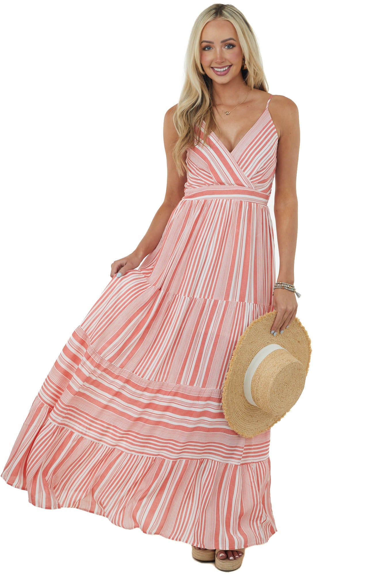 Coral Striped Sleeveless Surplice Maxi Dress