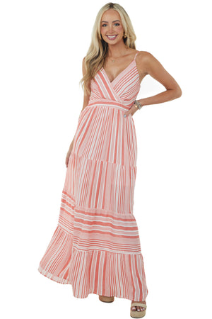 Coral Striped Sleeveless Surplice Maxi Dress