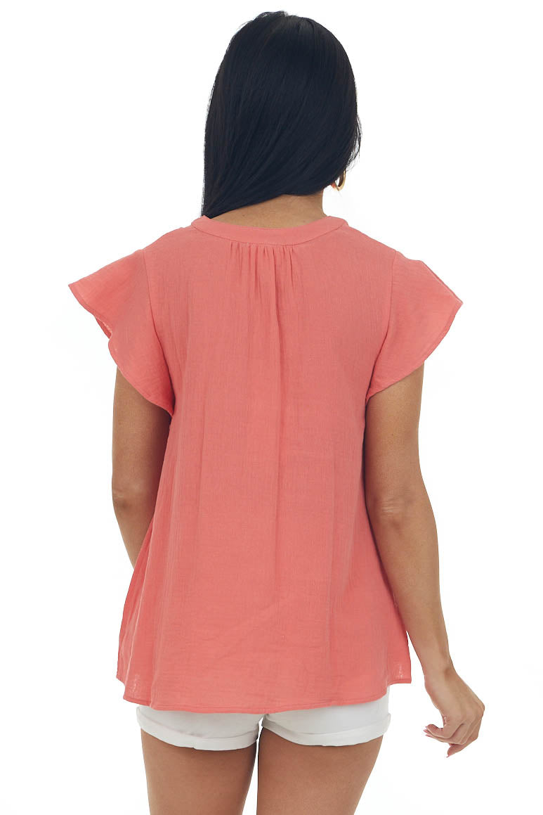 Coral V Neck Lace Trim Flutter Short Sleeve Top