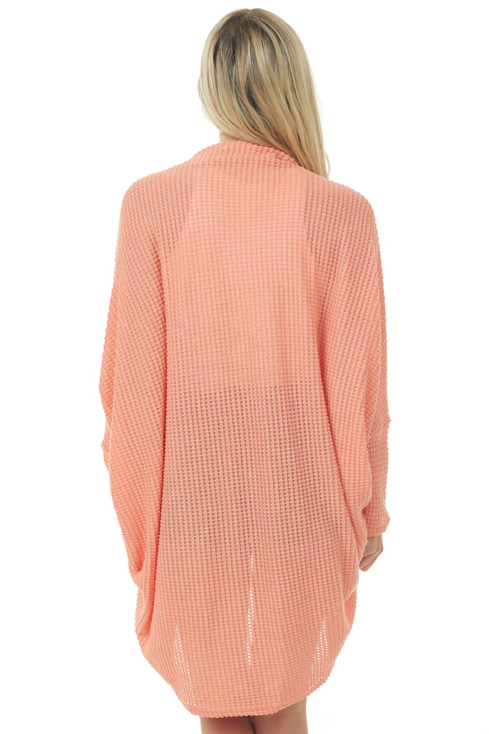 Coral Waffle Knit 3-4 Sleeve Cardigan with Cocoon Hem