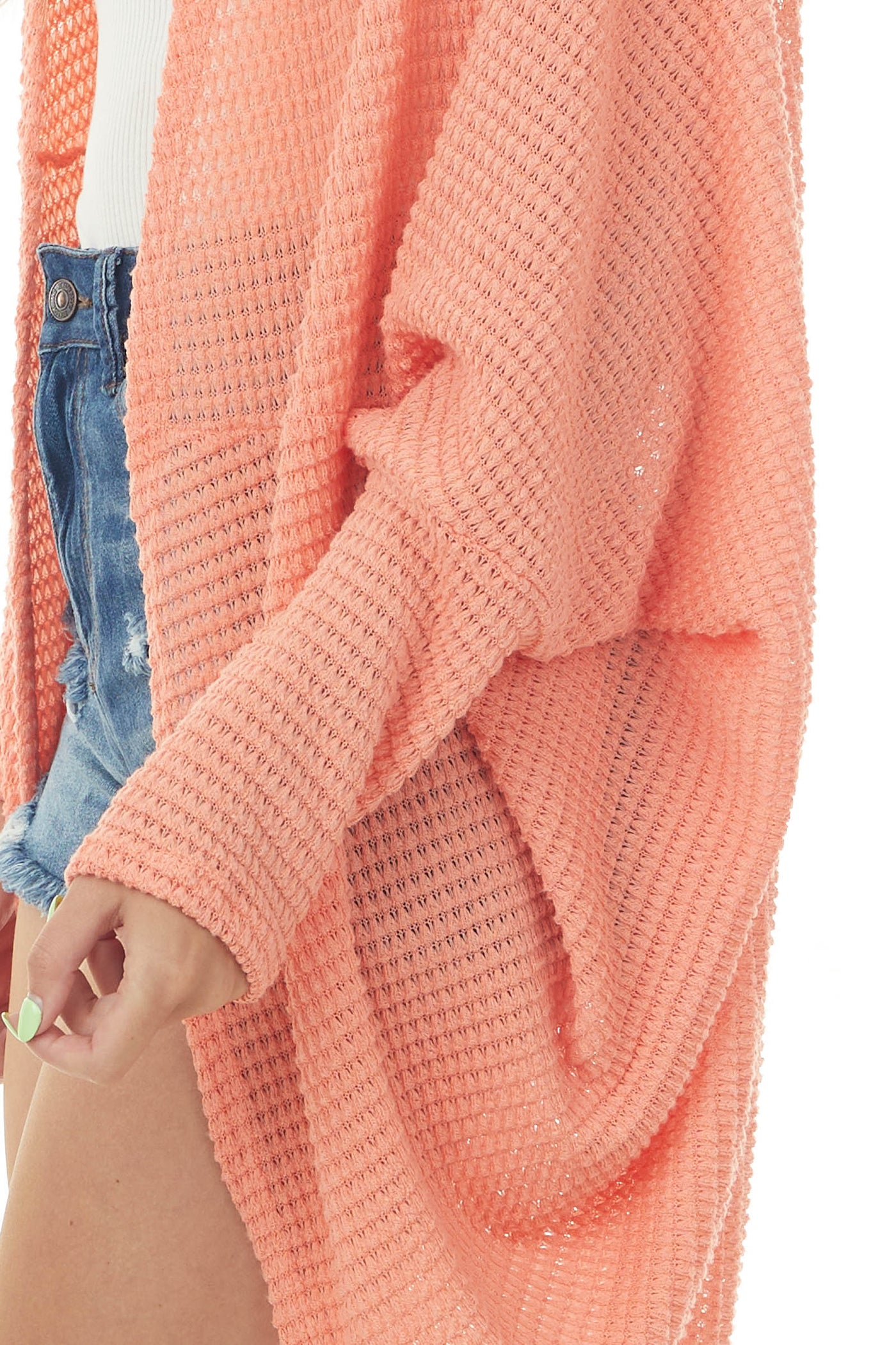 Coral Waffle Knit 3-4 Sleeve Cardigan with Cocoon Hem
