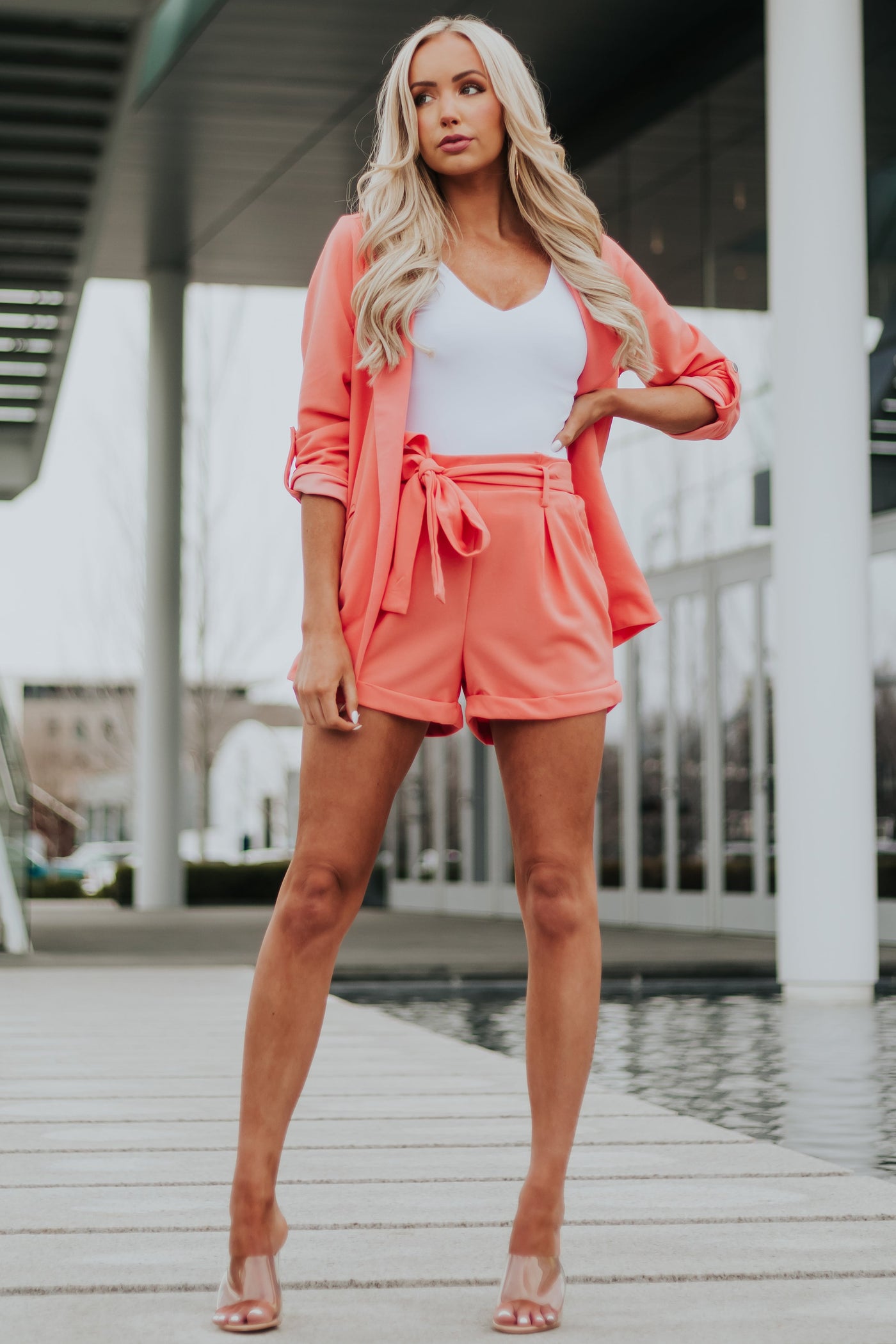 Coral Waist Tie Paper Bag Shorts